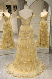 Golden Sparkly Tiered A Line Princess Prom Dress with Slit