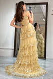 Golden Sparkly Tiered A Line Princess Prom Dress with Slit