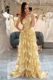 Golden Sparkly Tiered A Line Princess Prom Dress with Slit