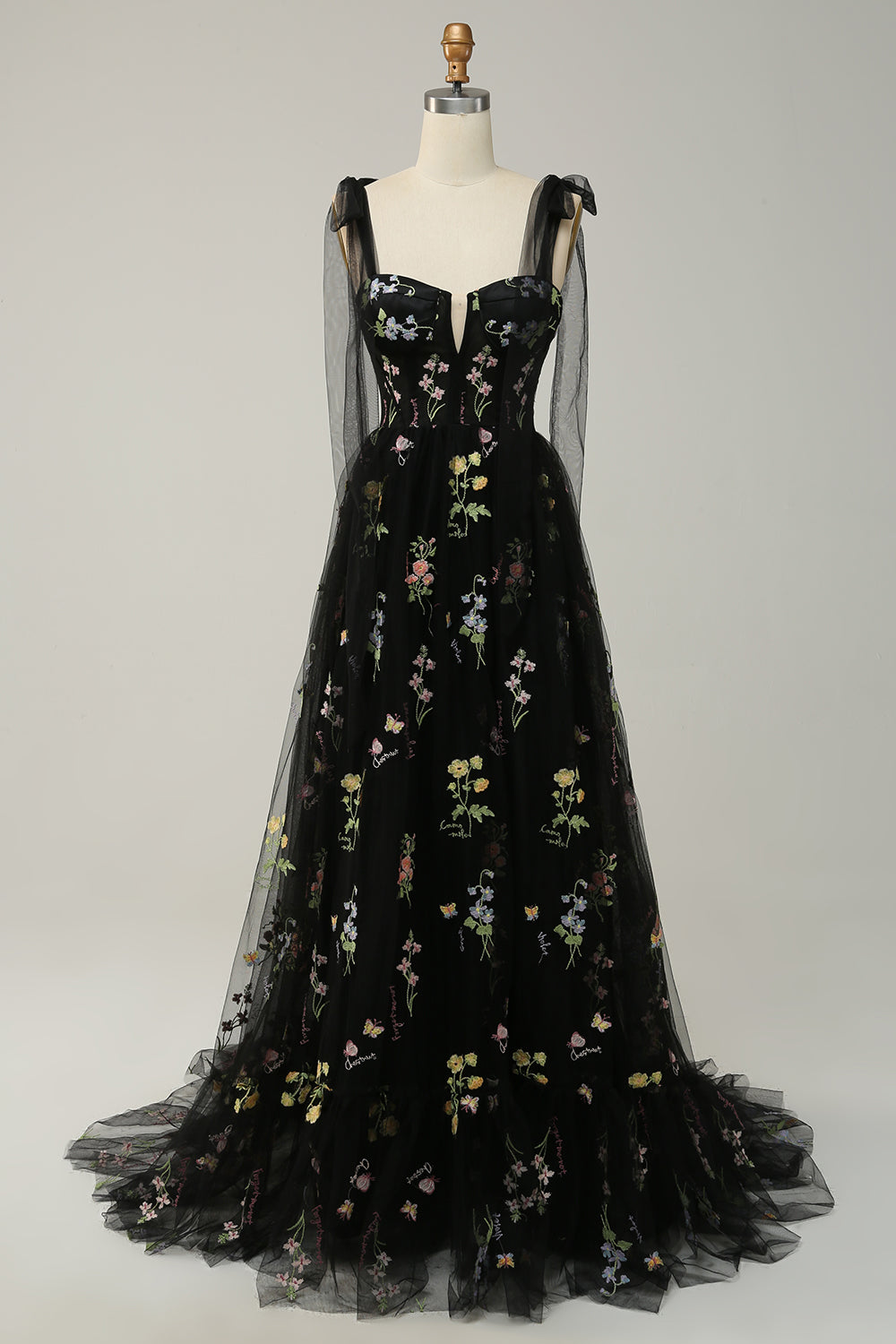 Black A-Line Corset Tulle Floral Long Prom Dress with Embroidery