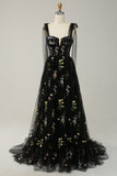 Black A-Line Corset Tulle Floral Long Prom Dress with Embroidery