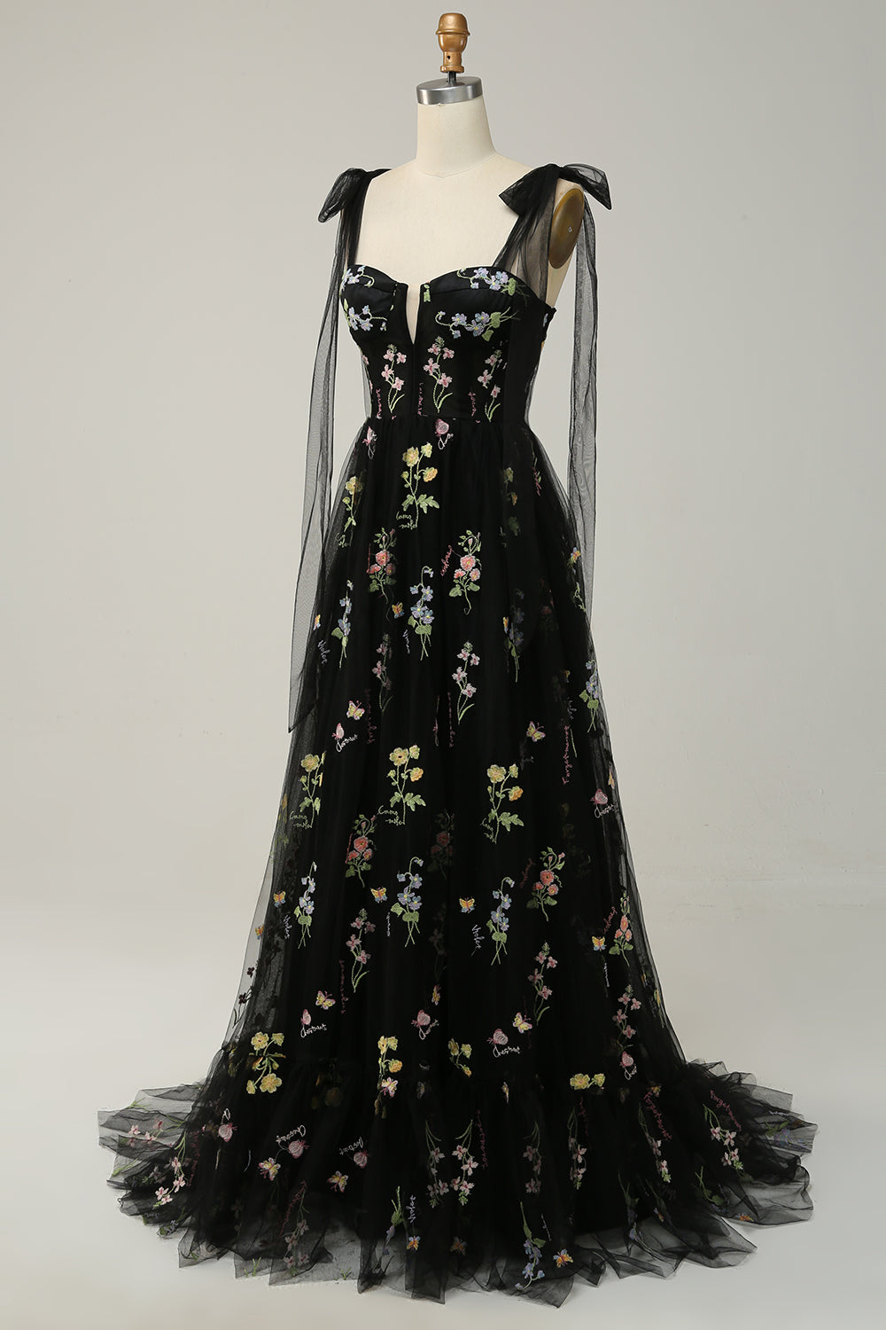 Black A-Line Corset Tulle Floral Long Prom Dress with Embroidery