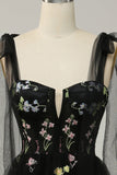 Black A-Line Corset Tulle Floral Long Prom Dress with Embroidery