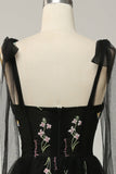 Black A-Line Corset Tulle Floral Long Prom Dress with Embroidery