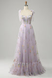 Lilac A-Line Tulle Corset Long Prom Dress with Embroidery