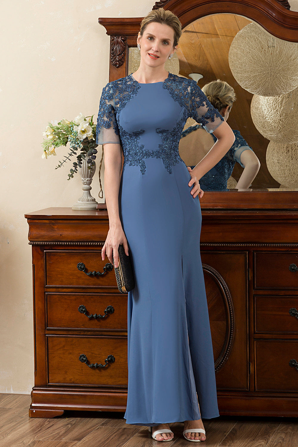 Blue Mermaid Open Back Mother of the Bride Dress with Slit