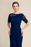 Navy Sheath Mother of Bride Dress with Appliques