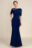 Navy Sheath Mother of Bride Dress with Appliques