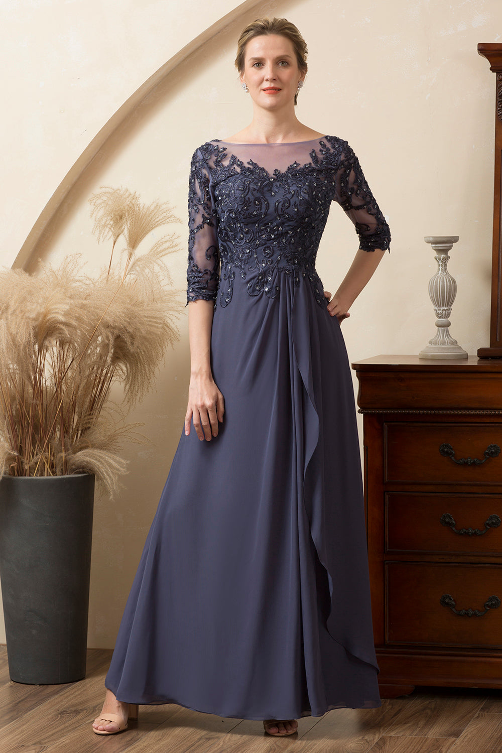 Grey Blue Sparkly Beaded Chiffon Mother of the Bride Dress