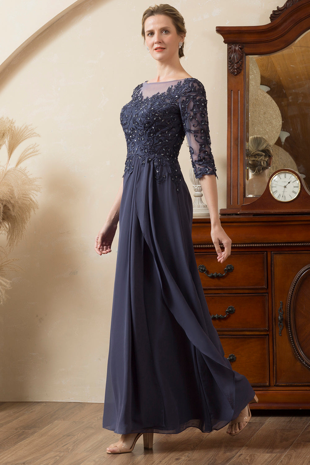 Grey Blue Sparkly Beaded Chiffon Mother of the Bride Dress
