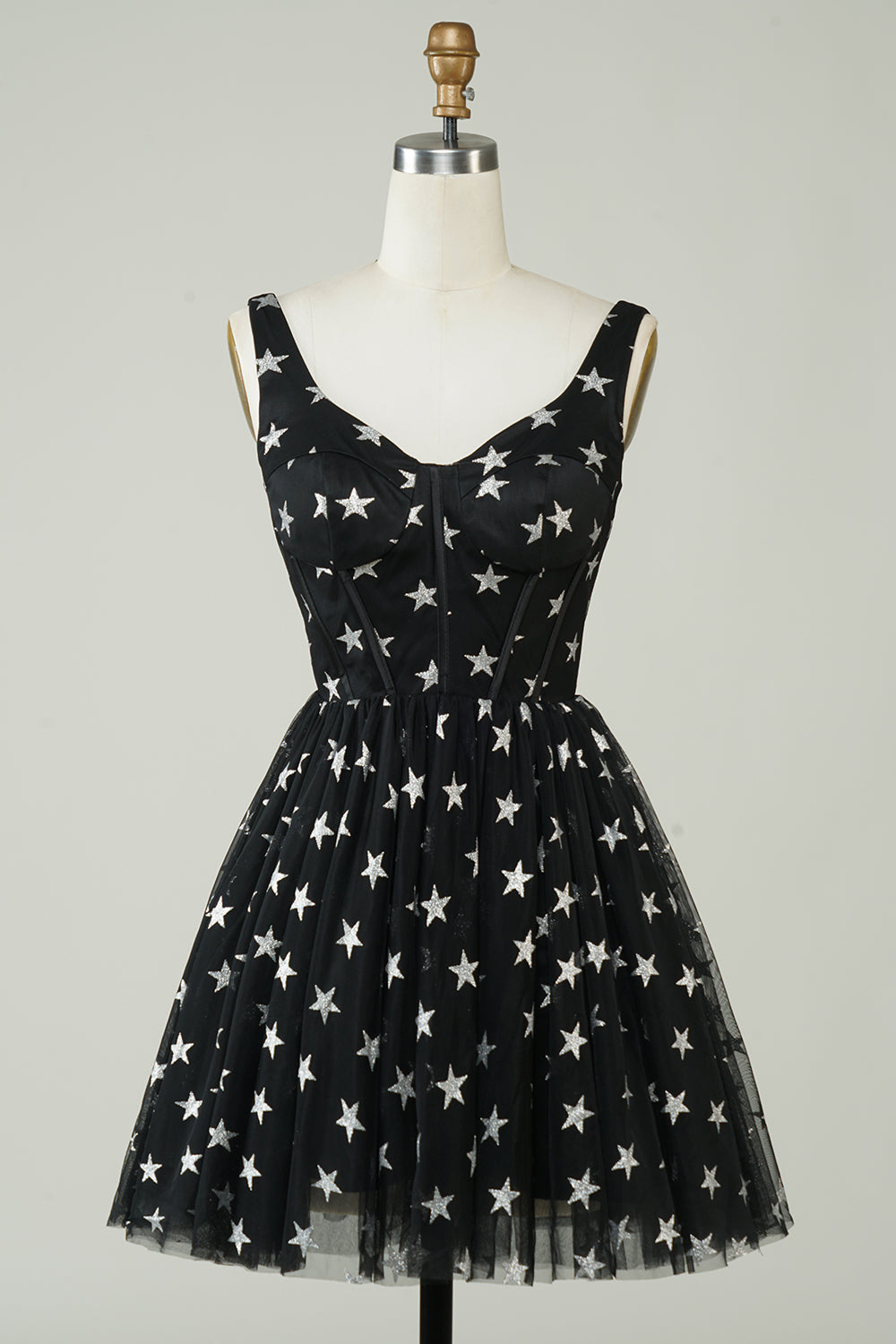 Cute A Line V Neck Tulle Little Black Dress with Stars