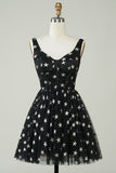 Cute A Line V Neck Tulle Little Black Dress with Stars