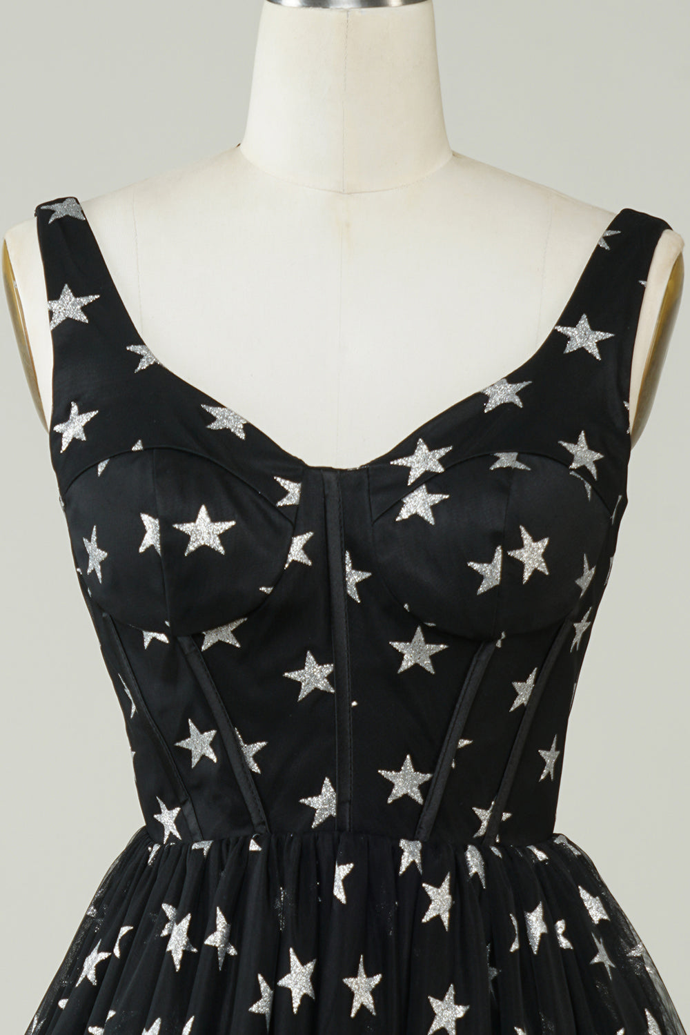 Cute A Line V Neck Tulle Little Black Dress with Stars