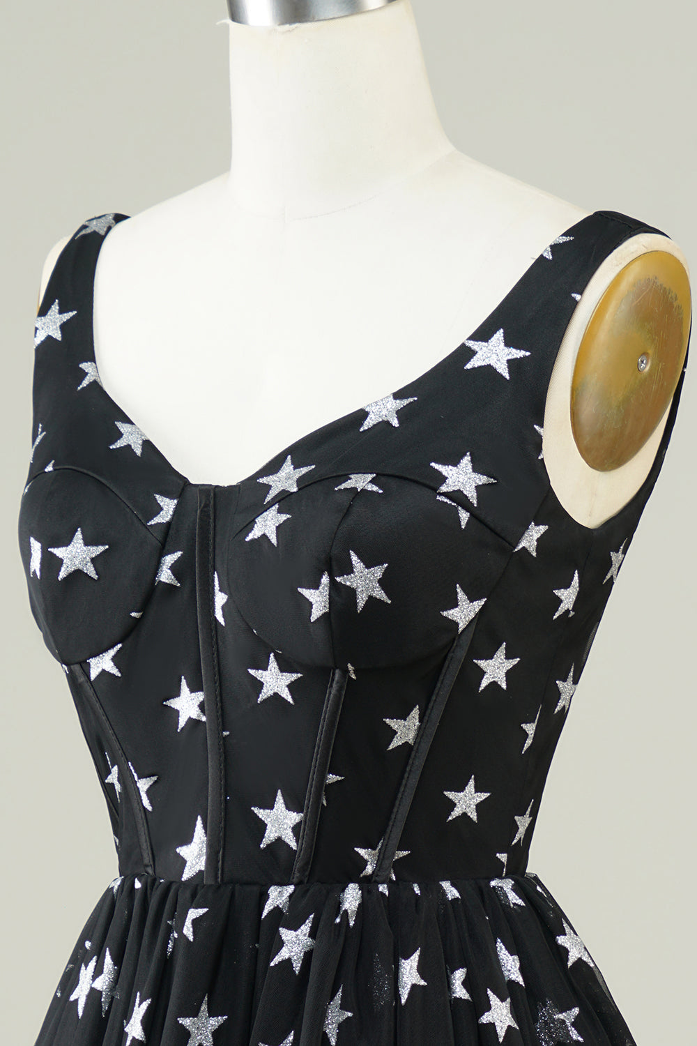 Cute A Line V Neck Tulle Little Black Dress with Stars