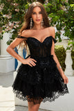 Cute A Line Corset Tiered Little Black Dress with Lace