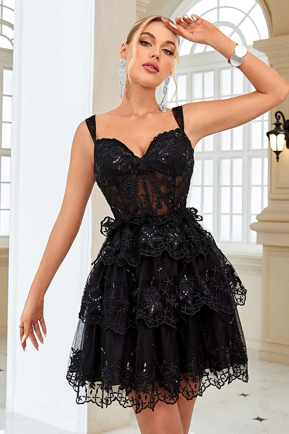 Cute A Line Corset Tiered Little Black Dress with Lace