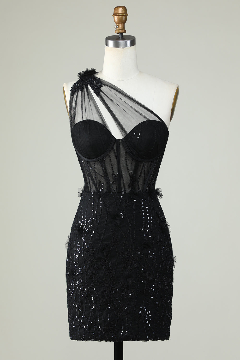 Bodycon One Shoulder Corset Little Black Dress with Appliques