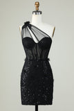 Bodycon One Shoulder Corset Little Black Dress with Appliques