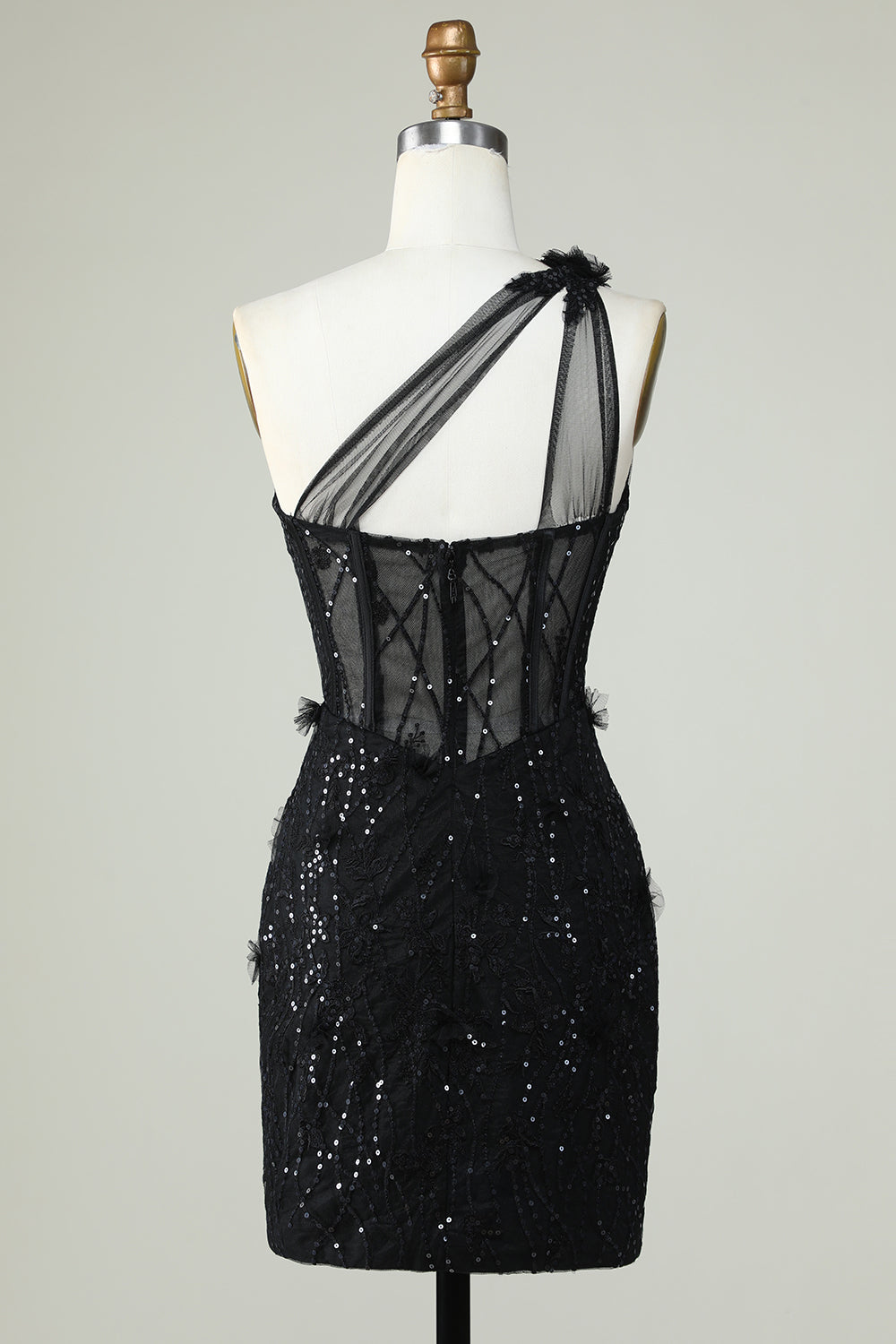 Bodycon One Shoulder Corset Little Black Dress with Appliques