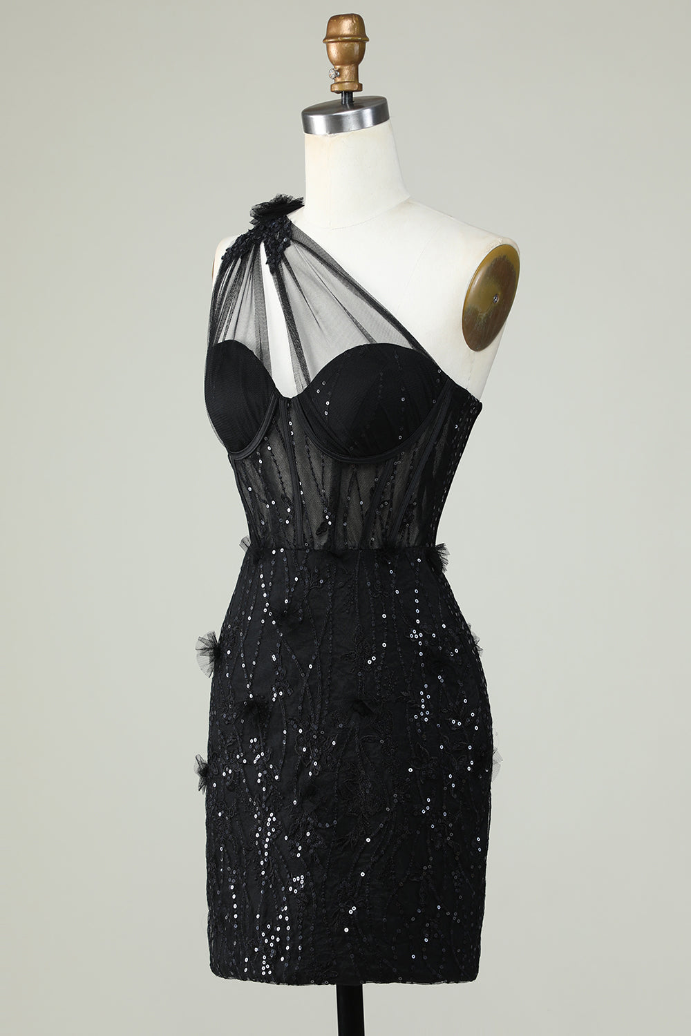 Bodycon One Shoulder Corset Little Black Dress with Appliques
