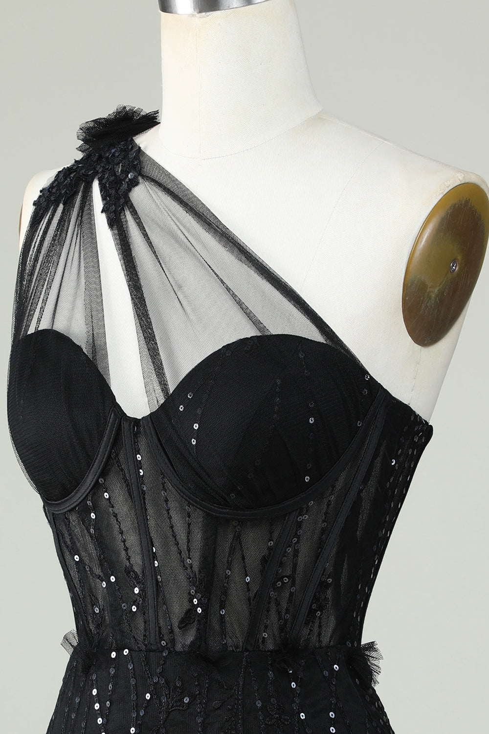 Bodycon One Shoulder Corset Little Black Dress with Appliques
