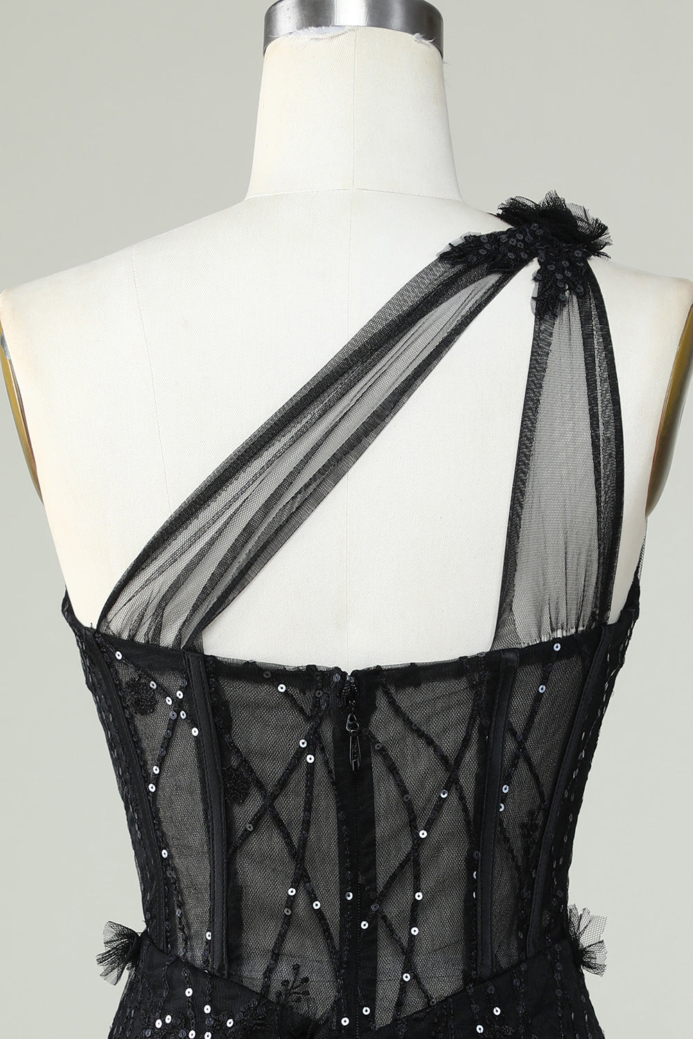 Bodycon One Shoulder Corset Little Black Dress with Appliques