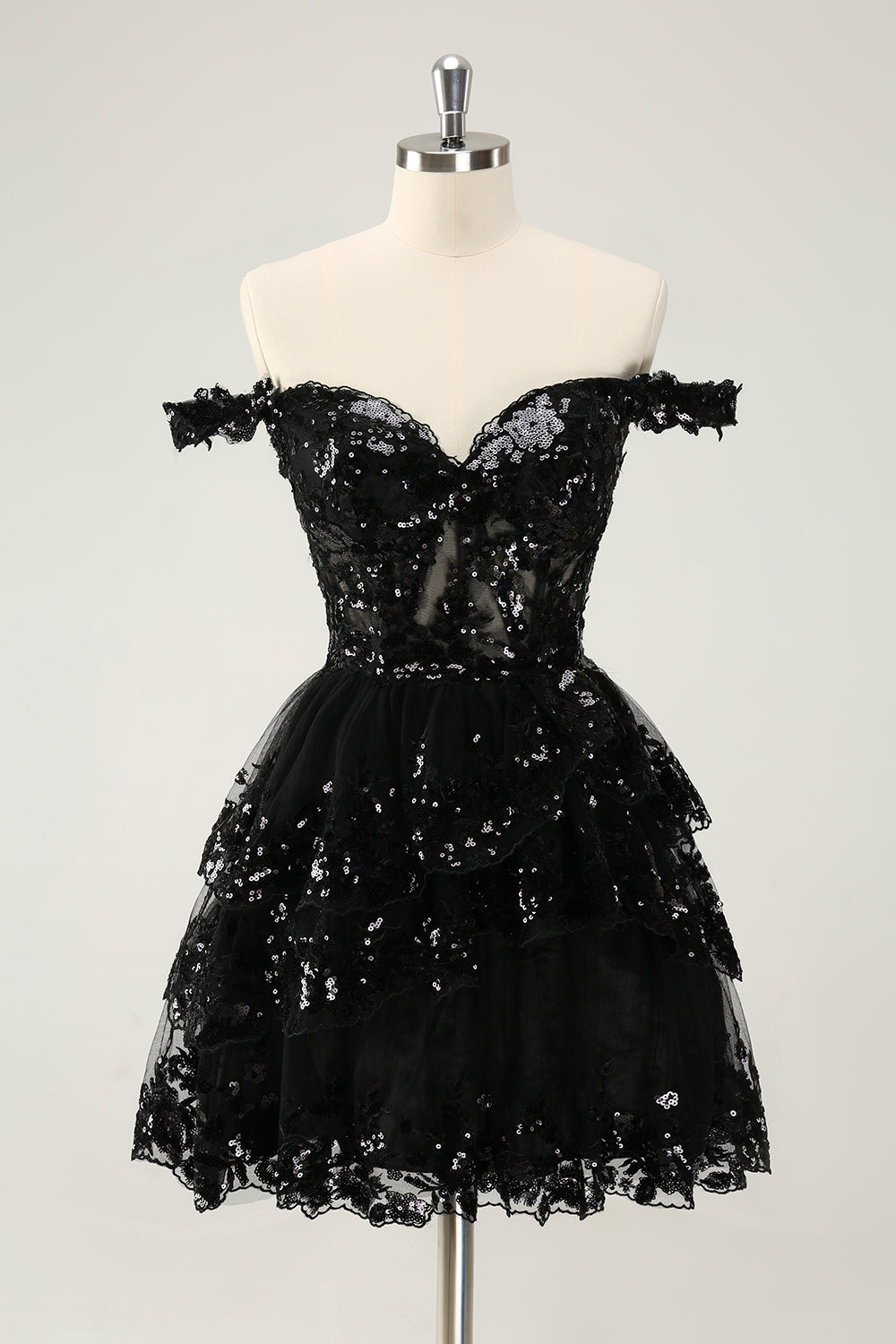 Sparkly A Line Off The Shoulder Corset Lace Little Black Dress