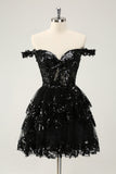 Sparkly A Line Off The Shoulder Corset Lace Little Black Dress