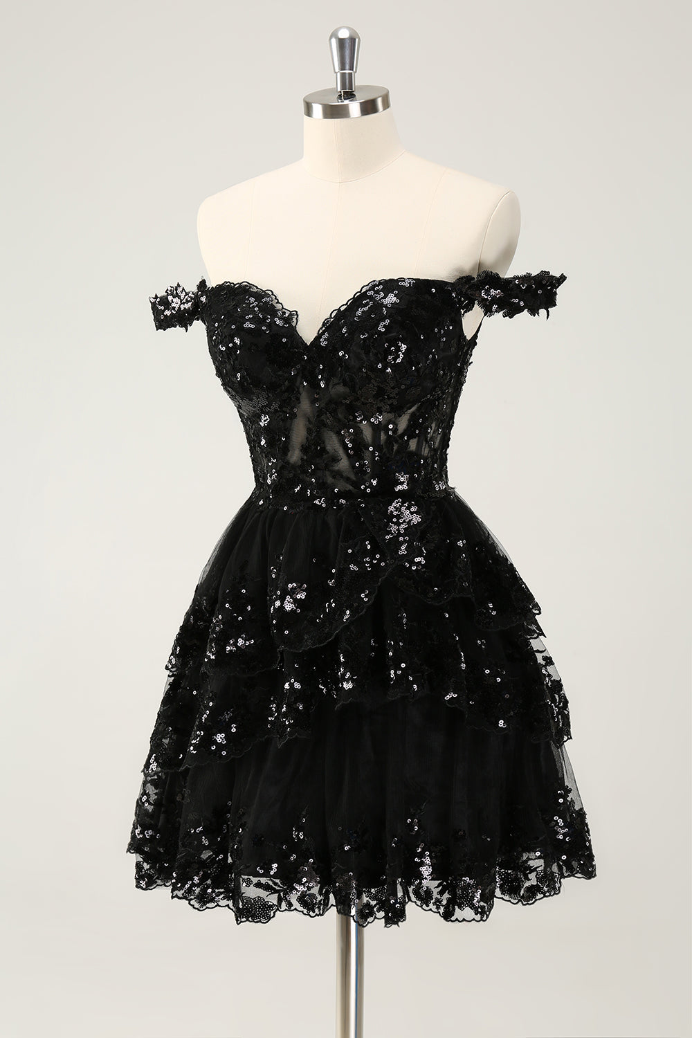 Sparkly A Line Off The Shoulder Corset Lace Little Black Dress