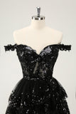 Sparkly A Line Off The Shoulder Corset Lace Little Black Dress