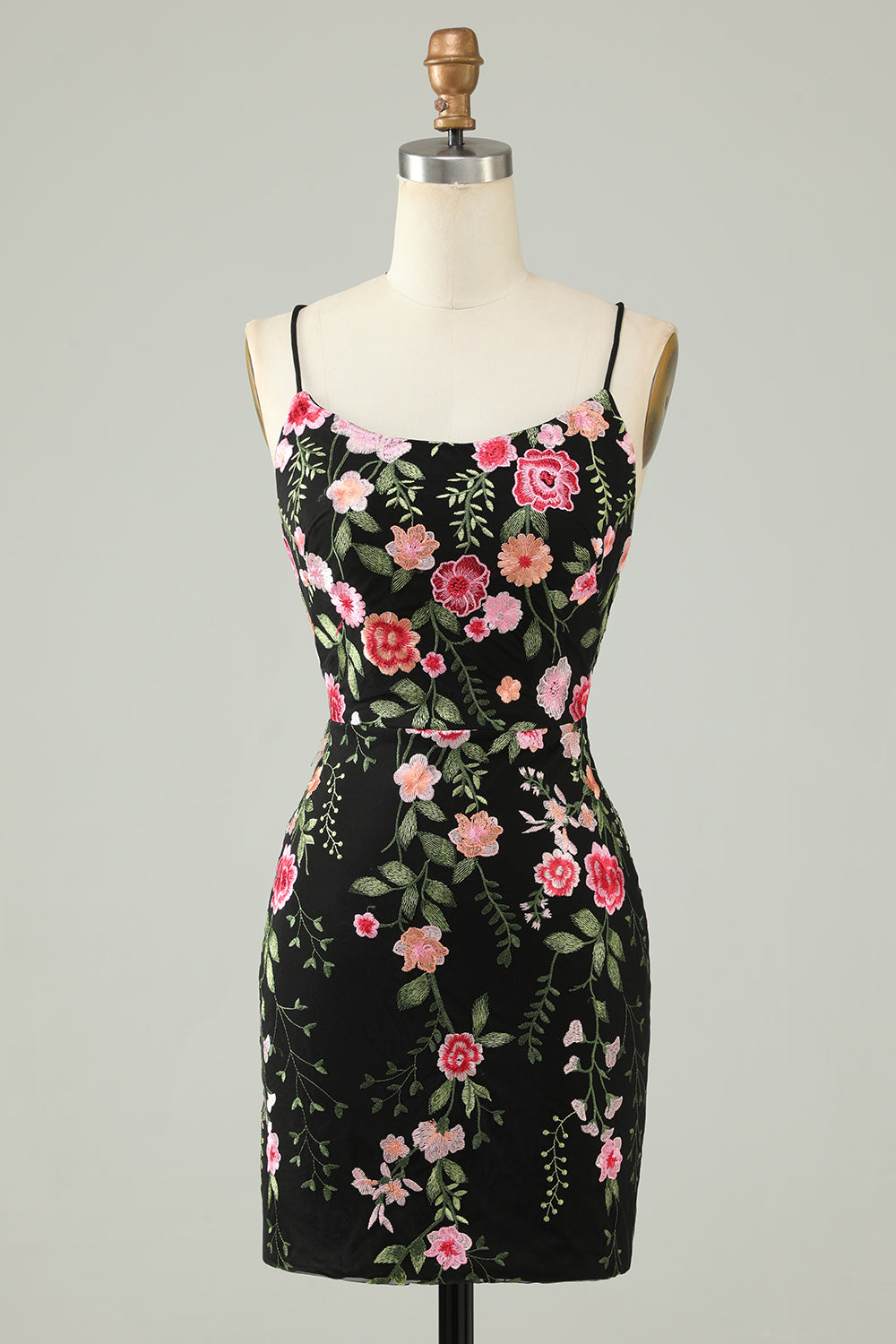 Appliqued Spaghetti Straps Bodycon Little Black Dress