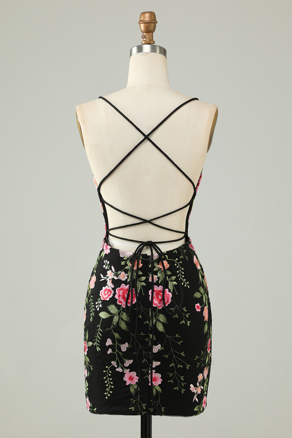 Appliqued Spaghetti Straps Bodycon Little Black Dress