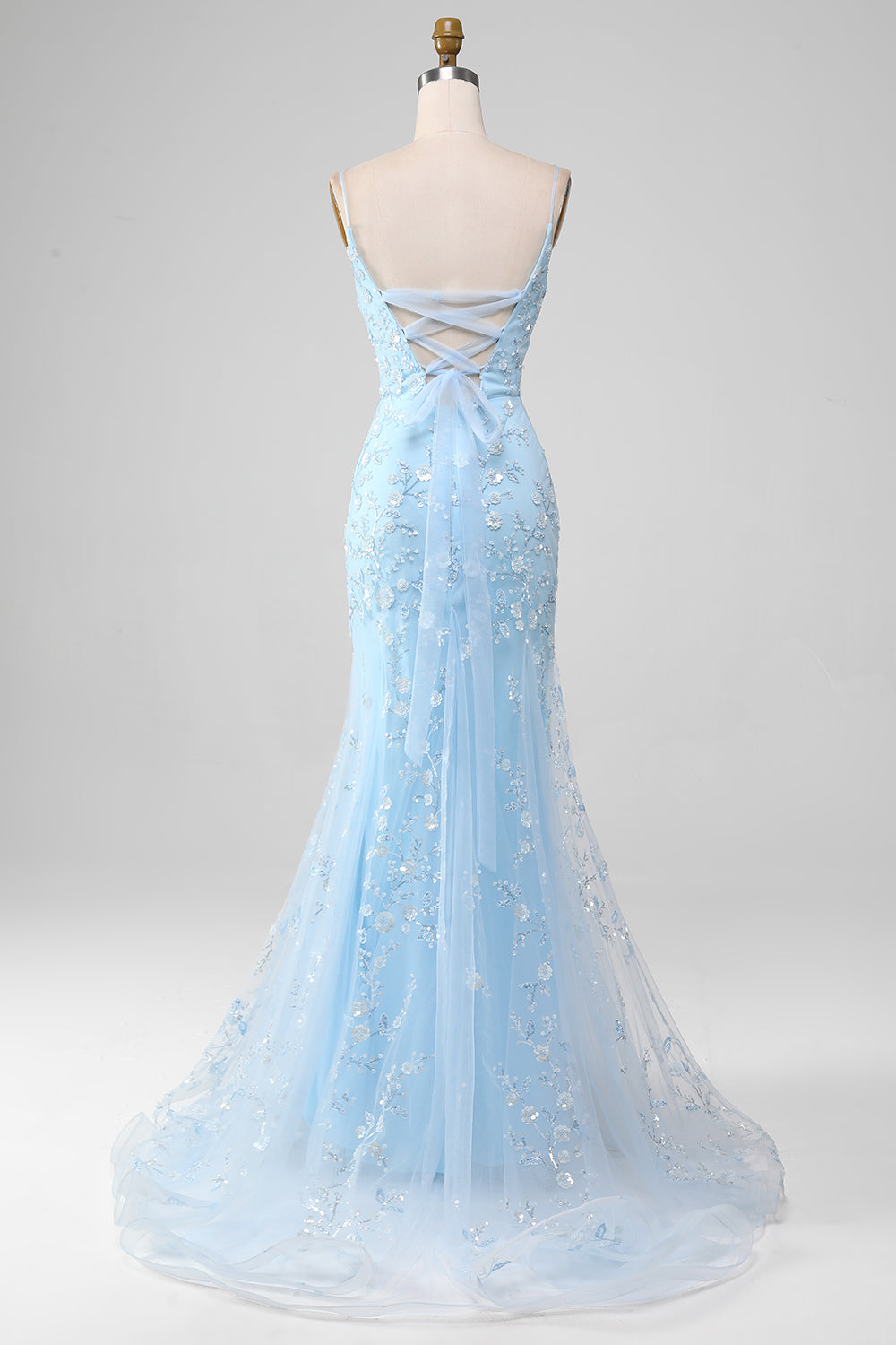 Sparkly Mermaid Beaded Light Blue Long Prom Dress With Appliques