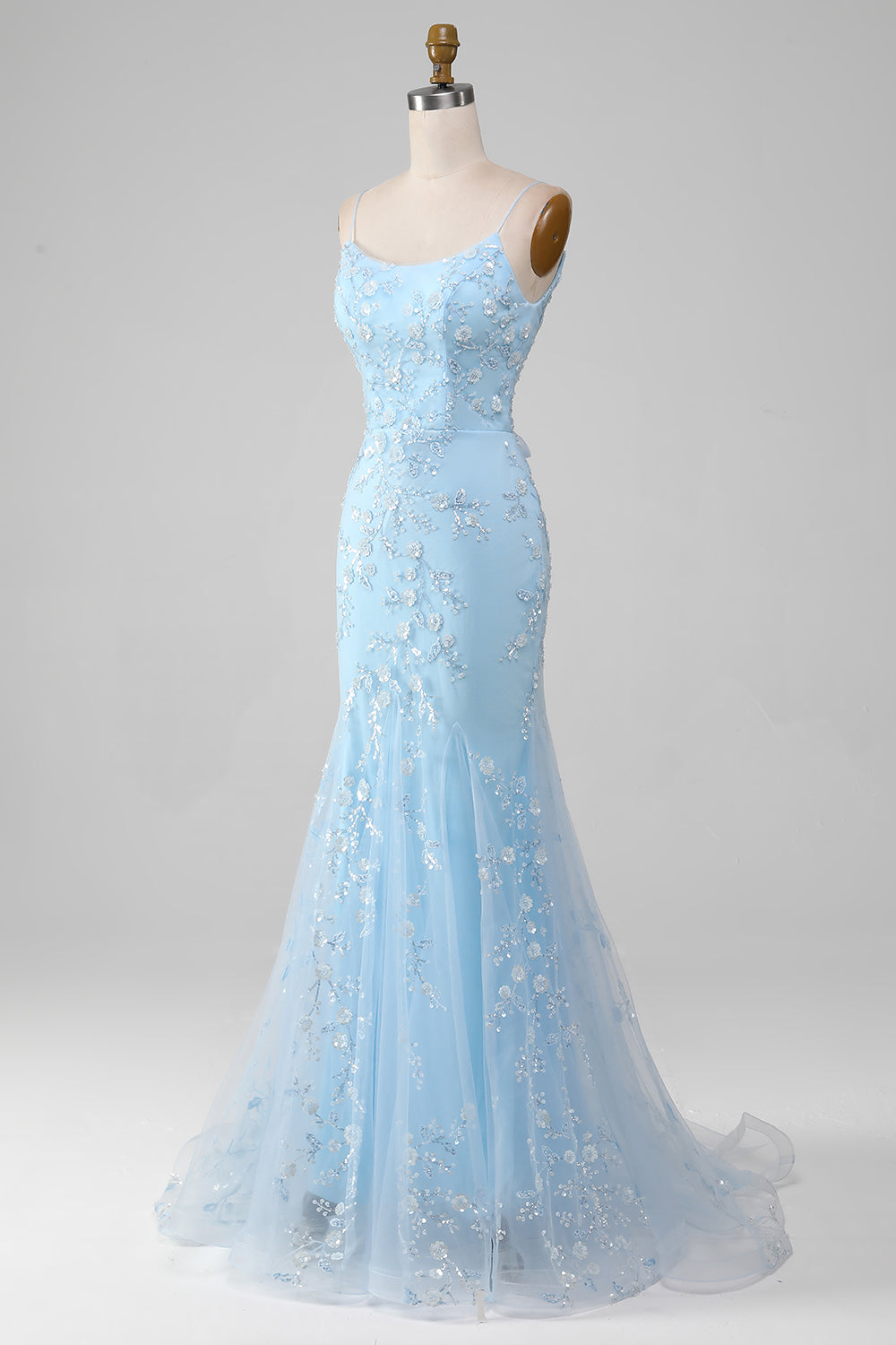 Sparkly Mermaid Beaded Light Blue Long Prom Dress With Appliques