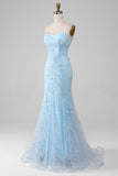 Sparkly Mermaid Beaded Light Blue Long Prom Dress With Appliques