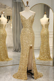 Golden Sparkly Fringes Mermaid Prom Dress with Slit