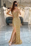Golden Sparkly Fringes Mermaid Prom Dress with Slit