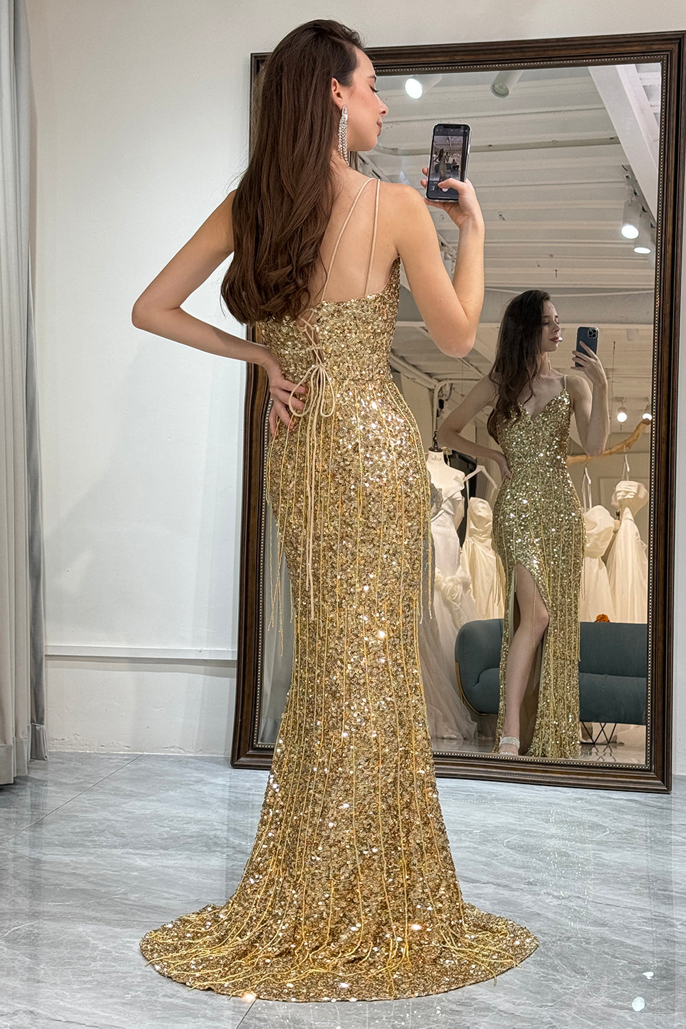 Golden Sparkly Fringes Mermaid Prom Dress with Slit
