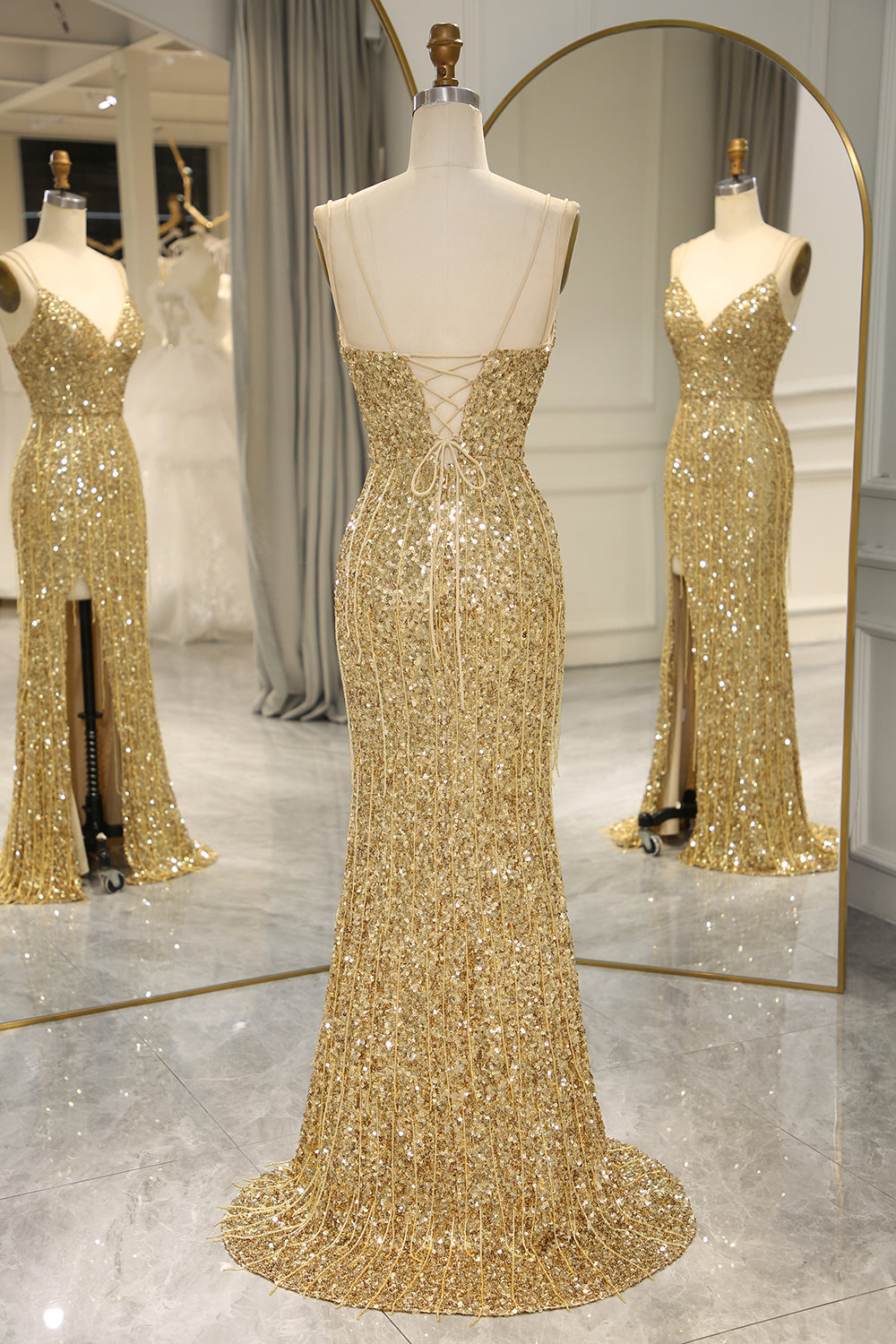 Golden Sparkly Fringes Mermaid Prom Dress with Slit