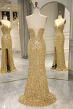 Golden Sparkly Fringes Mermaid Prom Dress with Slit