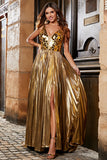 Sparkly A Line Deep V-Neck Golden Long Prom Dress with Split Front