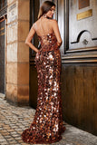 Saparkly Mermaid Spaghetti Straps Golden Sequins Long Prom Dress with Split Front