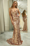 Sparkly Golden Mermaid Sequins Long Prom Dress With Slit