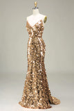 Sparkly Golden Mermaid Sequins Long Prom Dress With Slit
