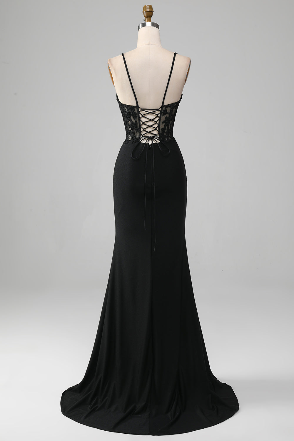 Black Mermaid Lace Up Back Corset Long Prom Dress With Appliques