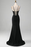 Mermaid Spaghetti Straps Black Corset Prom Dress With Appliques