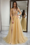 Golden Tulle A Line Corset Prom Dress with Beading