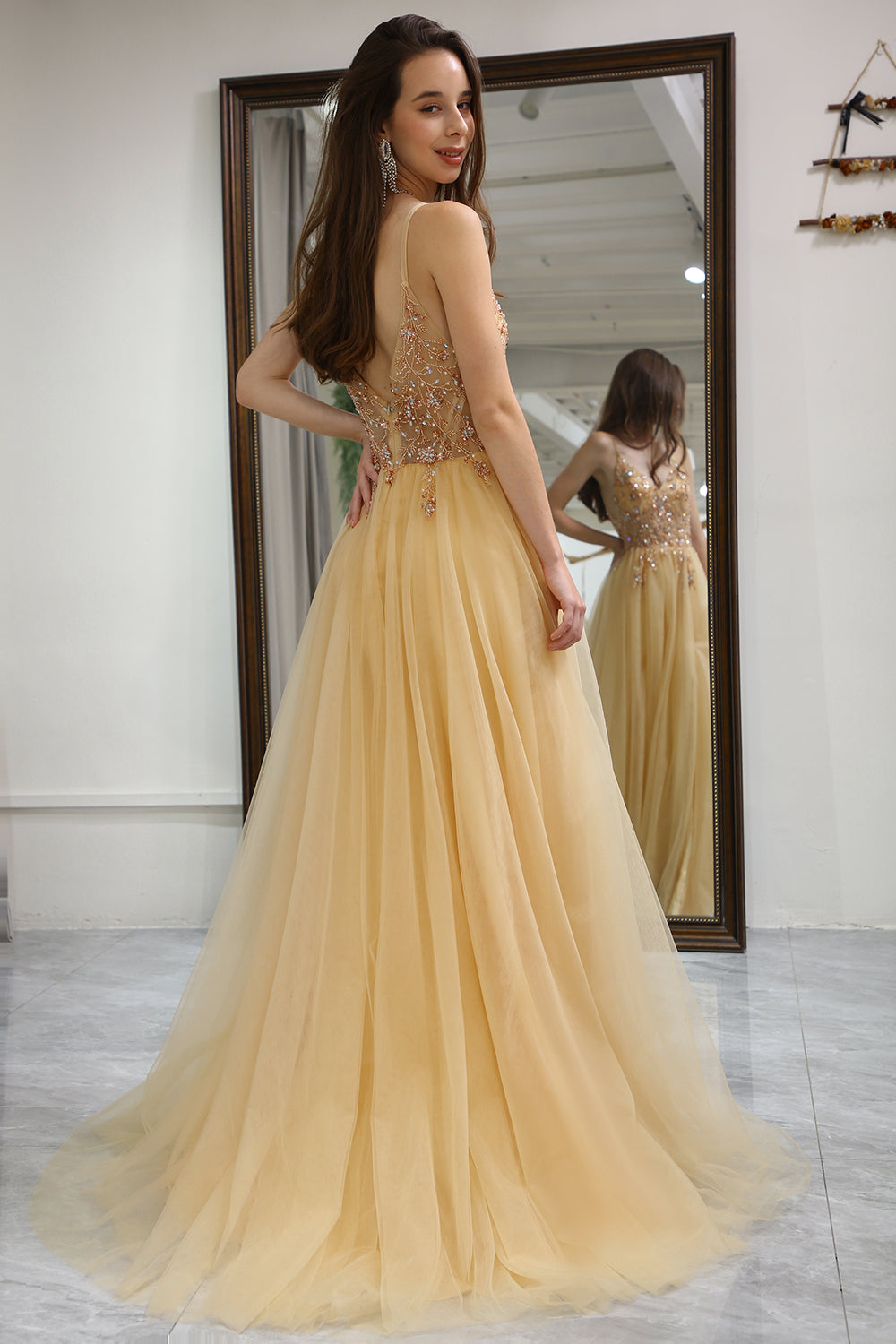 Golden Tulle A Line Corset Prom Dress with Beading