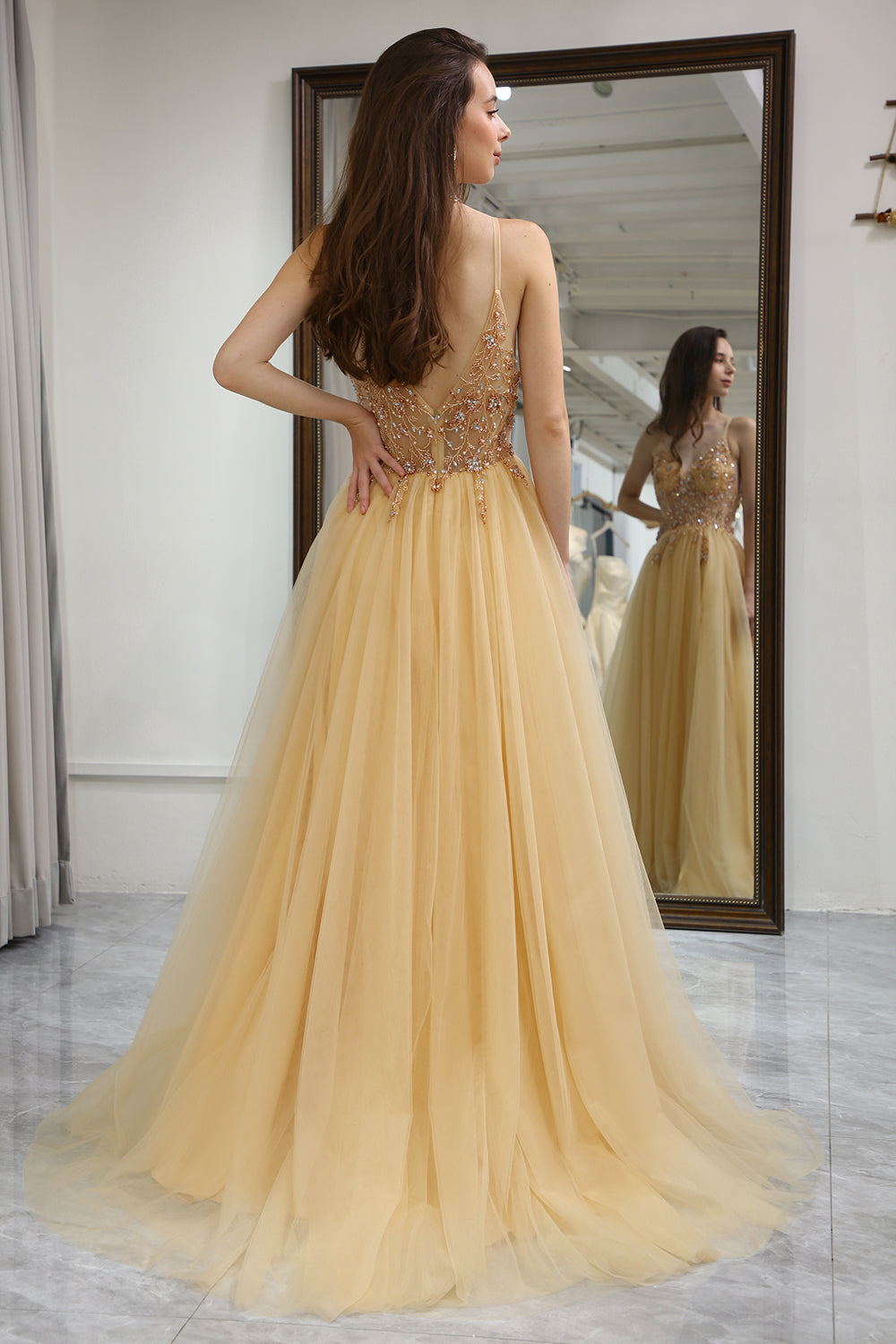 Golden Tulle A Line Corset Prom Dress with Beading