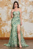 Spaghetti Straps Green Mermaid Corset Prom Dress with Appliques